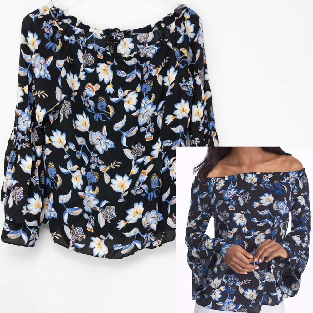 White House Black Market Off The Shoulder Top Floral Blouse Black Size Medium